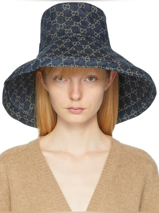Jacquard Accessories - Denim Monogram Sun Coverage Beach Bucket Hat Wide Large Brim Jacquard Navy Blue